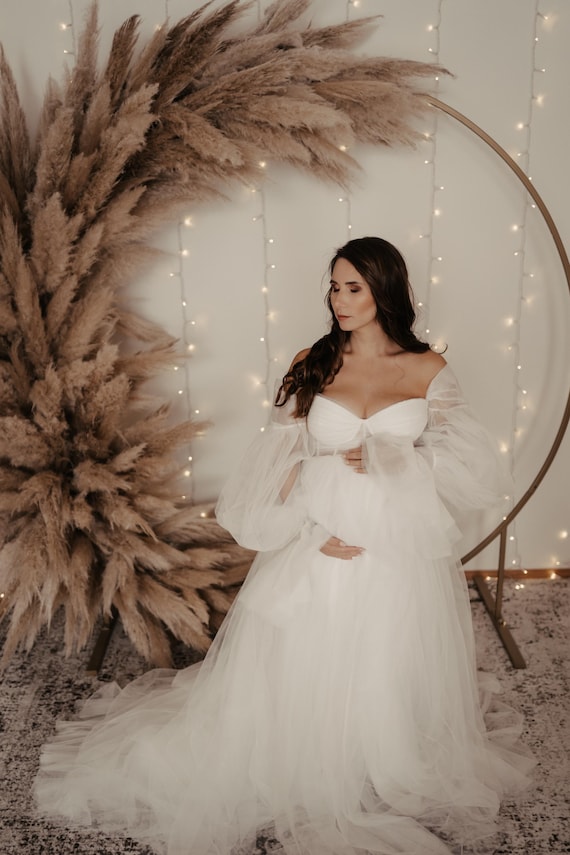 long sleeve maternity shoot dress Lace Long Sleeve Chiffon Maternity Gown: Handmade Photoshoot Dress