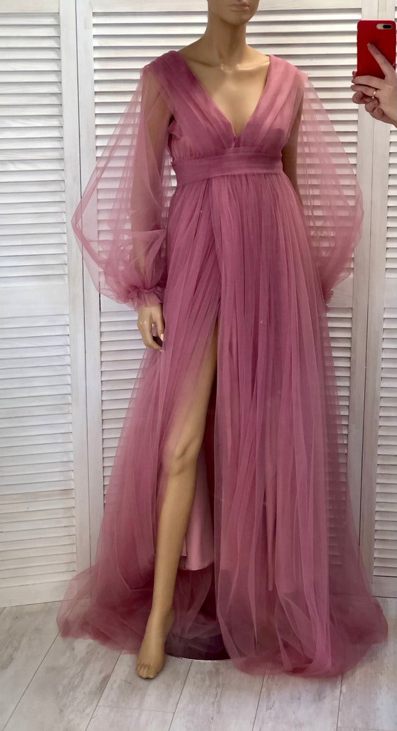 Blush Maternity Dress: Open Front Tulle Gown, Long Sleeves