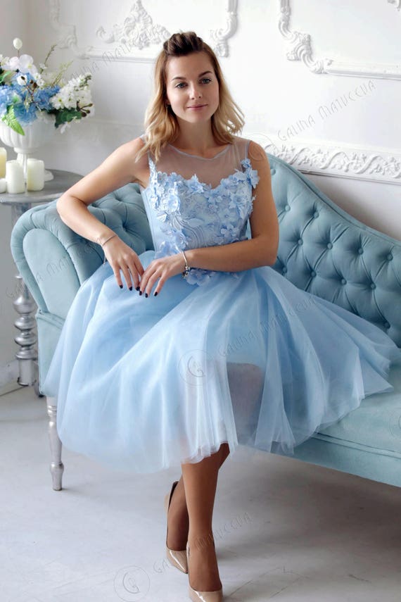 Sky Blue Wedding Dress With 3D Flowers Short Wedding Dress Illusion Neck  Evening Dress Knee-length Dress Bridesmaid -  Canada