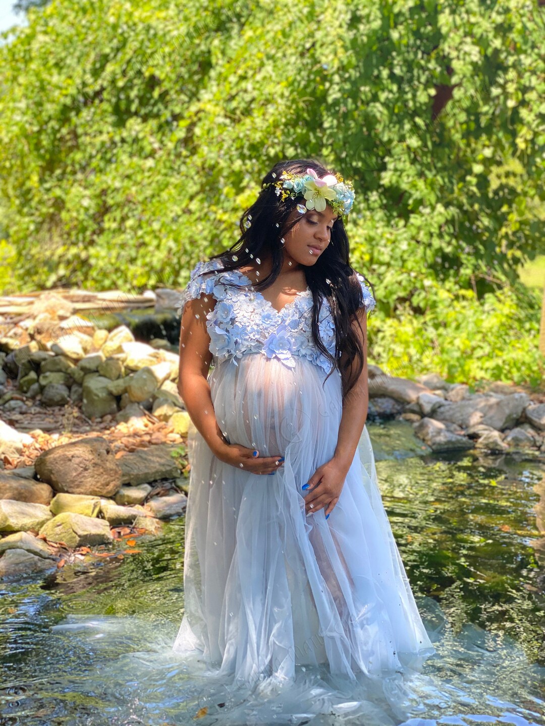 dusty blue maternity dress PinkBlush Blue Lace Overlay Maternity Maxi Dress