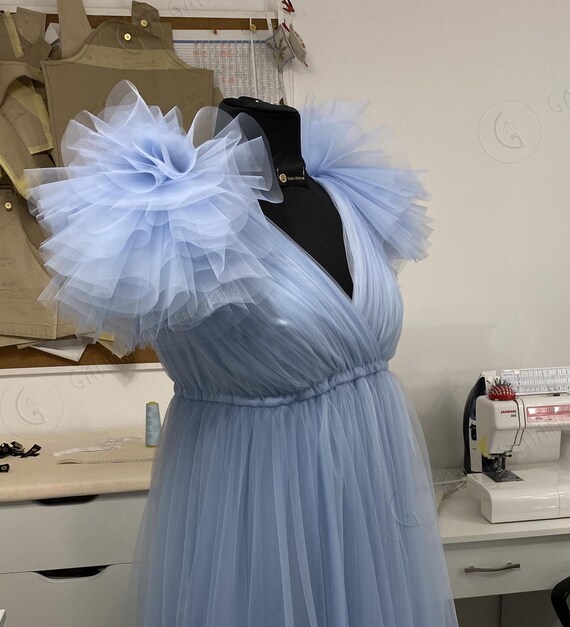 dusty blue maternity dress for baby shower Pretty Perfect Powder Blue Maternity Ruched Mesh Bardot Maxi Dress – Club L  London main image 0