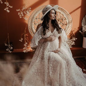 Boho Wedding Dress with Short sleeves Beige Wedding Boho wedding dress  Wedding Dress Tulle Dress Bridal Tulle Gown Wedding Maternity dress