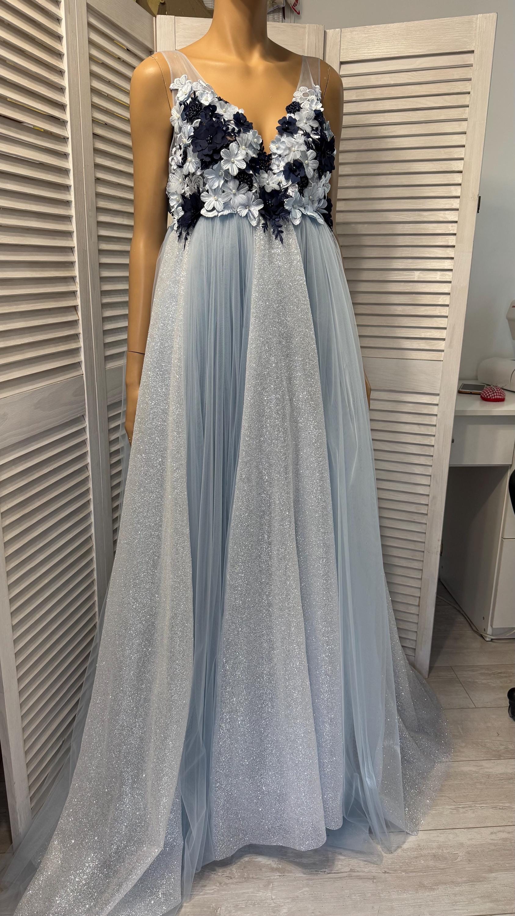 Dusty Blue Maternity Dress: Glitter Cape, Long Train, Photo Shoot Gown, Dark Blue flowers