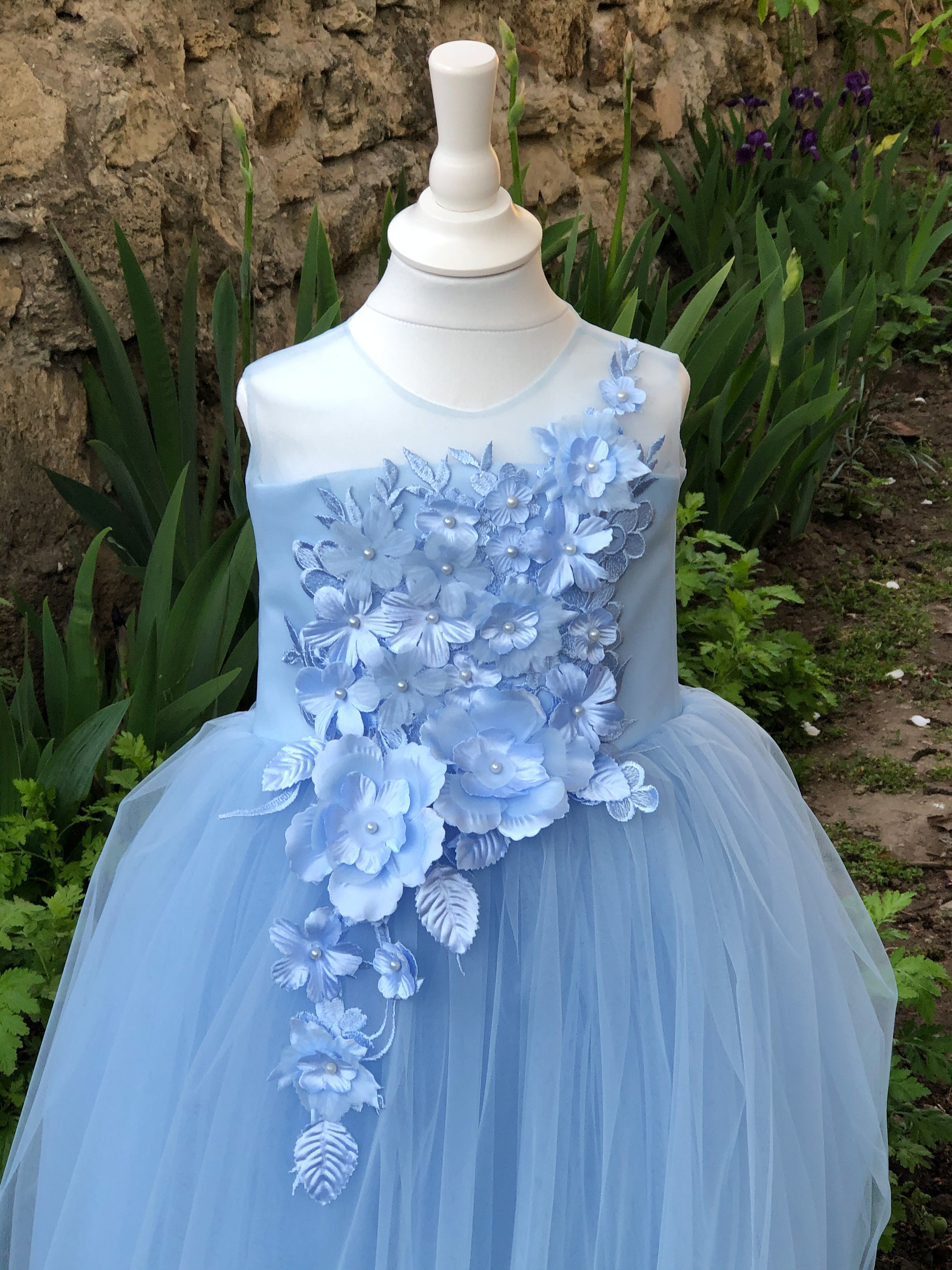 Sky Blue Flower Girl Dress First Birthday Dress Steel Blue Etsy