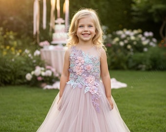 Blush Pink Flower Girl Dress: 3D Floral Tulle Holiday Dress