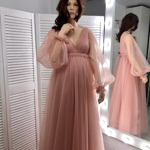 Blush Pink Maternity Dress For Photo Shoot Baby Shower Long Sleeves Dress Maternity Gown Blush Long Maternity Dress Floor Length