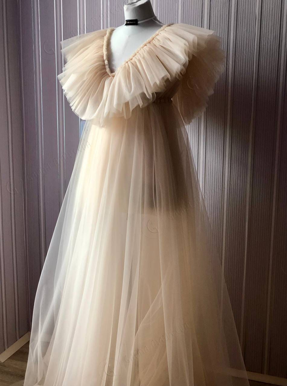 beige silk midi dress G657, Beige Frilled Maternity Shoot Trail Gown, Size (ALL)pp – Style Icon  www.dressrent.in
