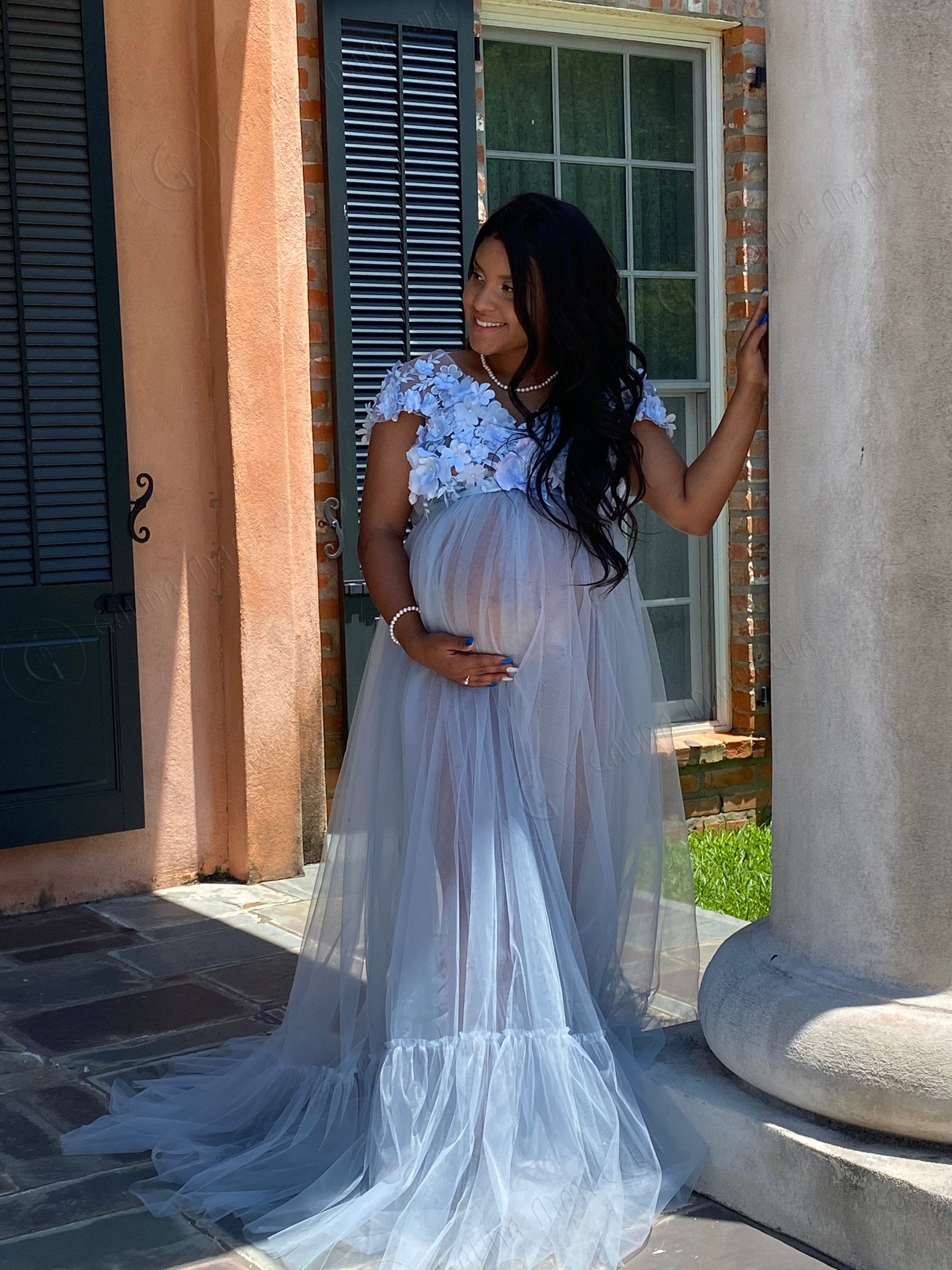 Dusty Blue Floral Maternity Gown: Photo Shoot Dress Dusty Blue Floral Maternity Gown: Photo Shoot Dress
