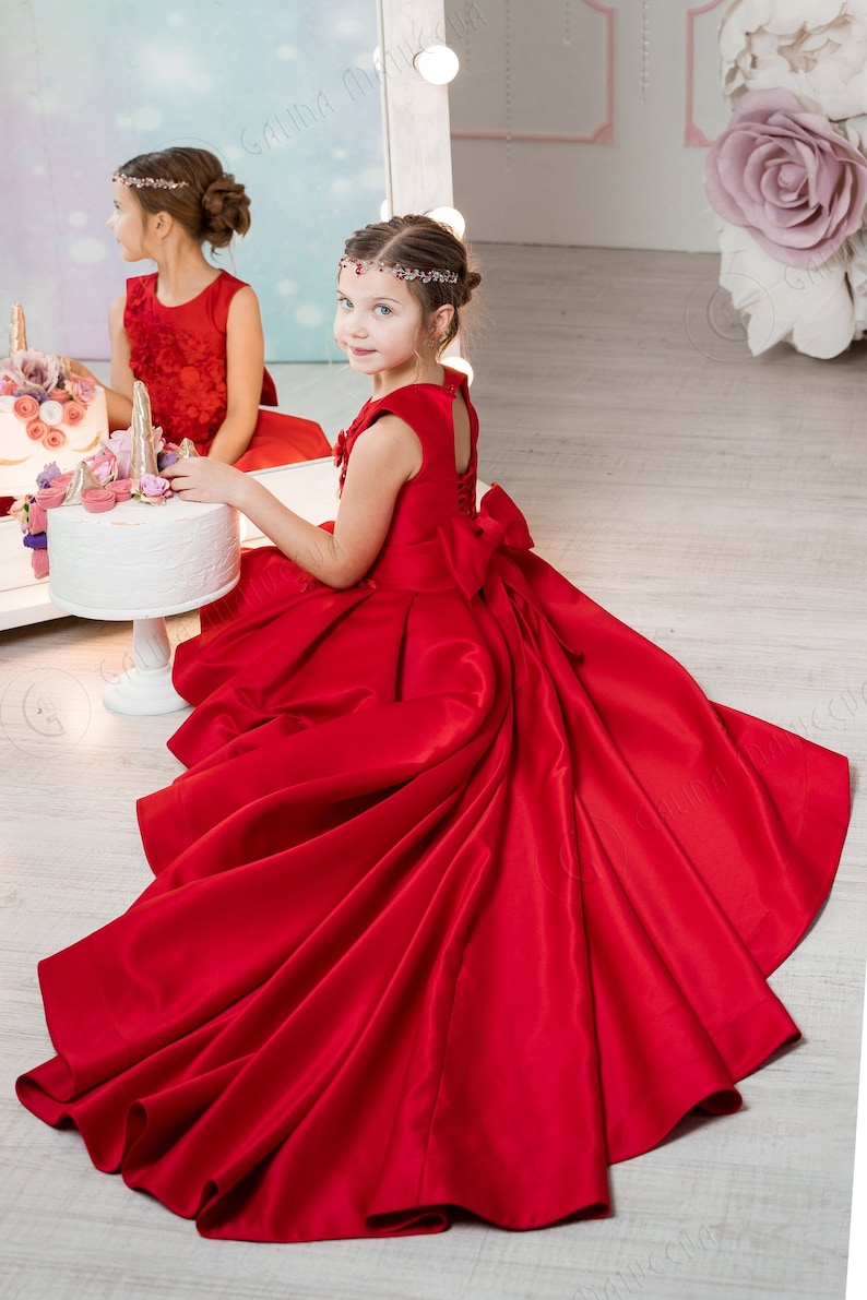 Red Satin Ruffle Dress Flower Girl Dress Asymmetrical Etsy