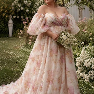 Plus Size Wedding Dress, Floral Wedding Gown, Garden Bridal Dress, Cottagecore Bride Dress, Custom Made Bridal Gown