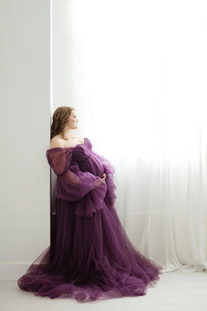 purple tulle maternity dress Lavender One Shoulder Tulle Maternity Maxi Dress