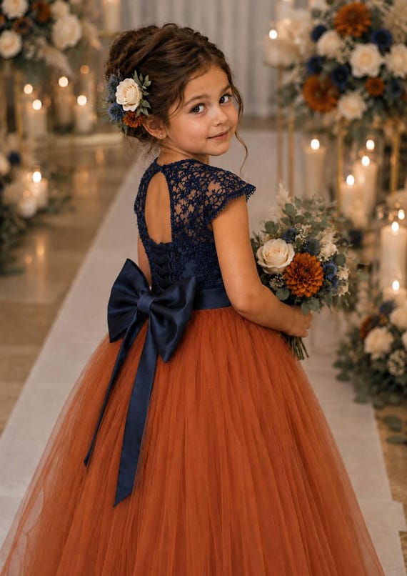 Terracotta and Navy Blue Flower Girl Dress for Autumn Wedding, Custom Made Tulle Fall Flower Girl Dress, Elegant Sequin Lace Wedding Dress