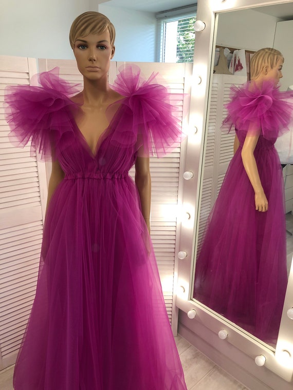 fuchsia pink maternity dress Fuchsia Tulle Maternity Dress: Floral Sleeve Photo Shoot Gown