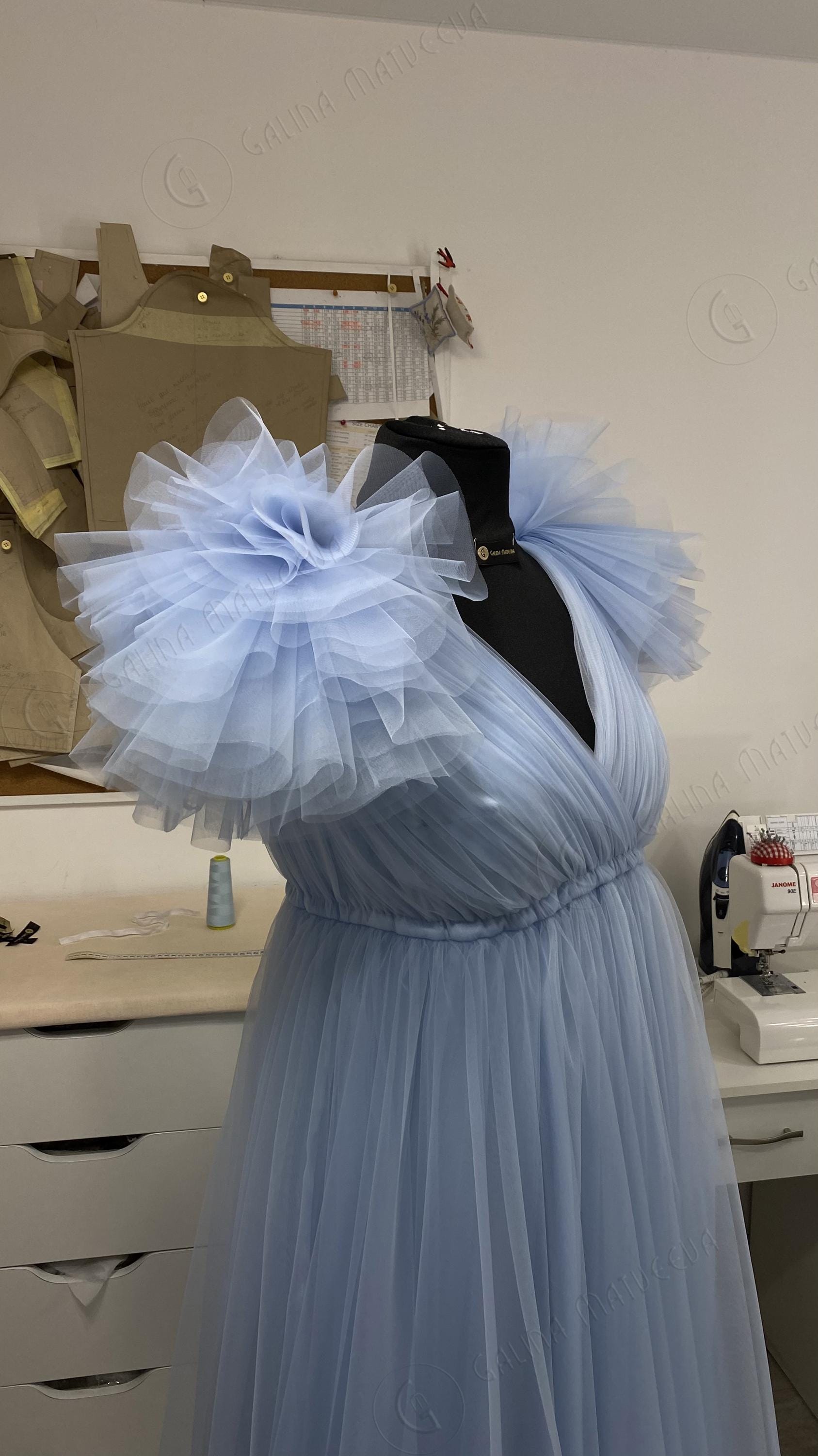Blue Tulle Maternity Dress: Ruffle Sleeve Gown, Baby Shower and Photoshoot