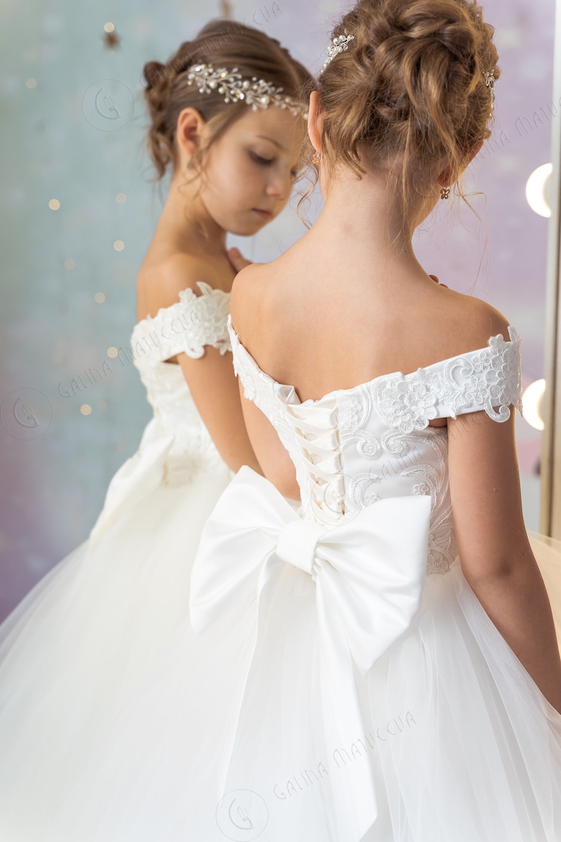 Flower girl Dress Train Open Shoulders First Communion Dress Etsy