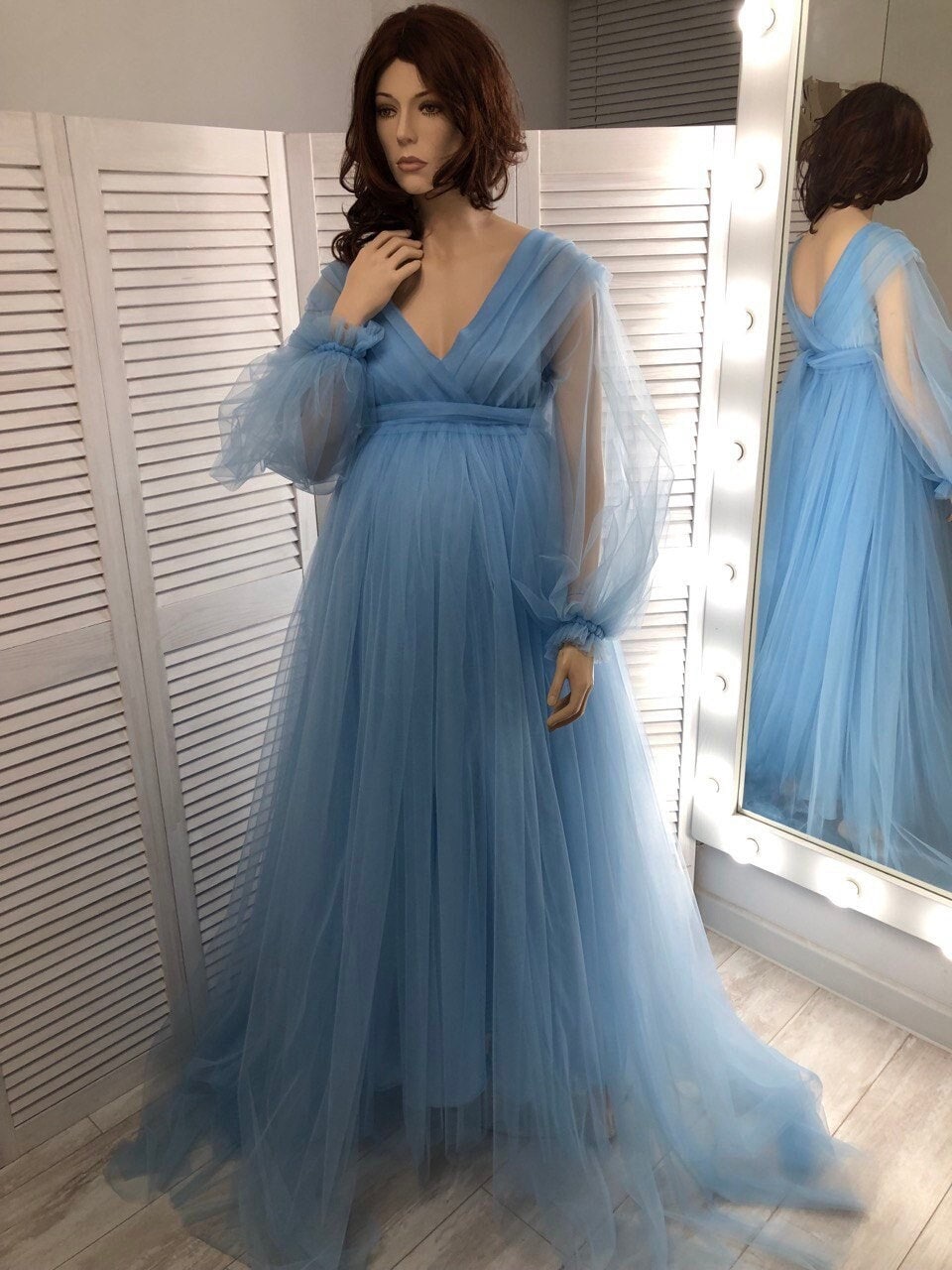 Dusty Blue Tulle Maternity Gown: Long Sleeve Photo Shoot Dress