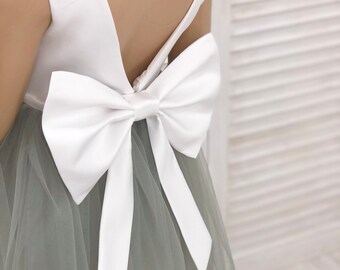 Sage Flower Girl Dress: Off White Satin, V-Neck, Back Bow
