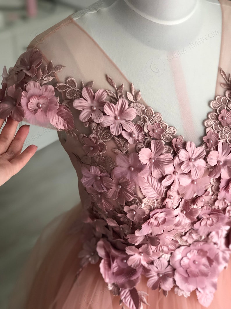 Blush Rosa Hochzeitskleid Kurzärmeliges 3D Blumen Kurzes ...