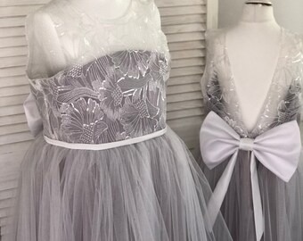 Gray Tulle Flower Girl Dress: Lace Sequin Bodice, Back Bow