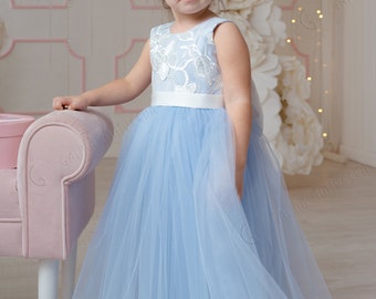 Dusty Blue Tulle Flower Girl Dress: Lace Bodice, Back Bow