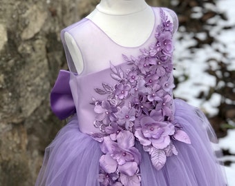 Lavender Flower Girl Dress V-neckline with Big Bow on  the Back,Pink Flower Girl Dress, Lilac Tutu Dress, Flower Girl Dress with Flowers