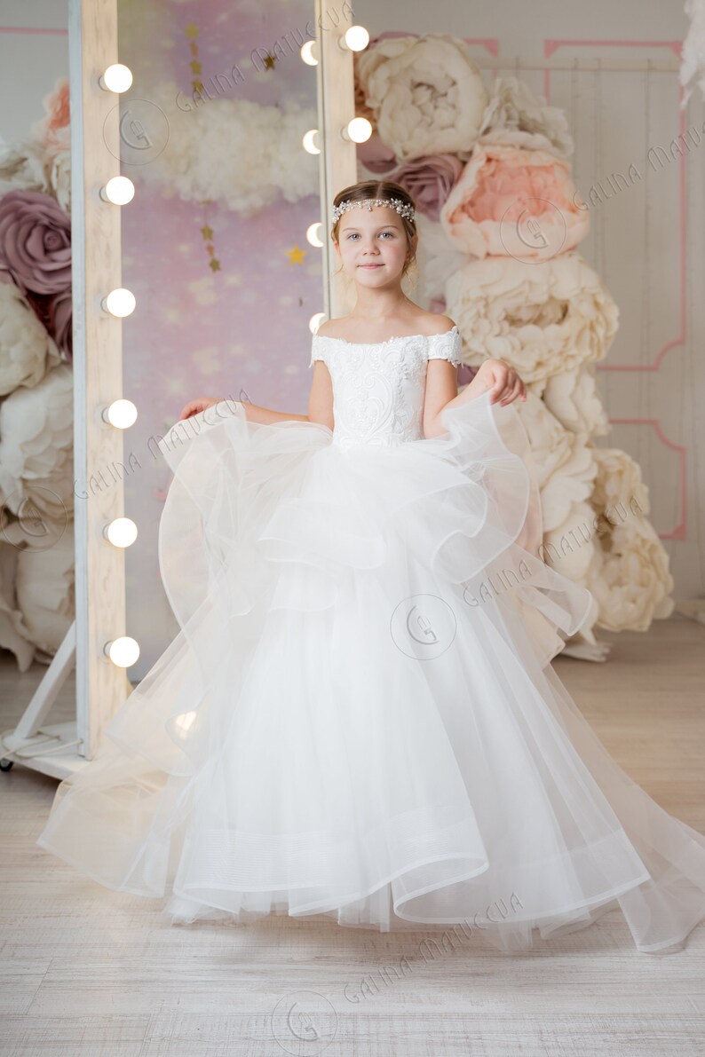 Flower girl Dress Train Open Shoulders First Communion Dress Etsy