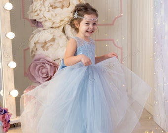 Blue Tulle Flower Girl Dress: Lace Sequin Bodice, Back Bow