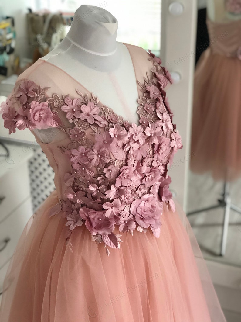 Erröten rosa Hochzeit Kleid kurze Ärmel 3D Blumen kurze | Etsy
