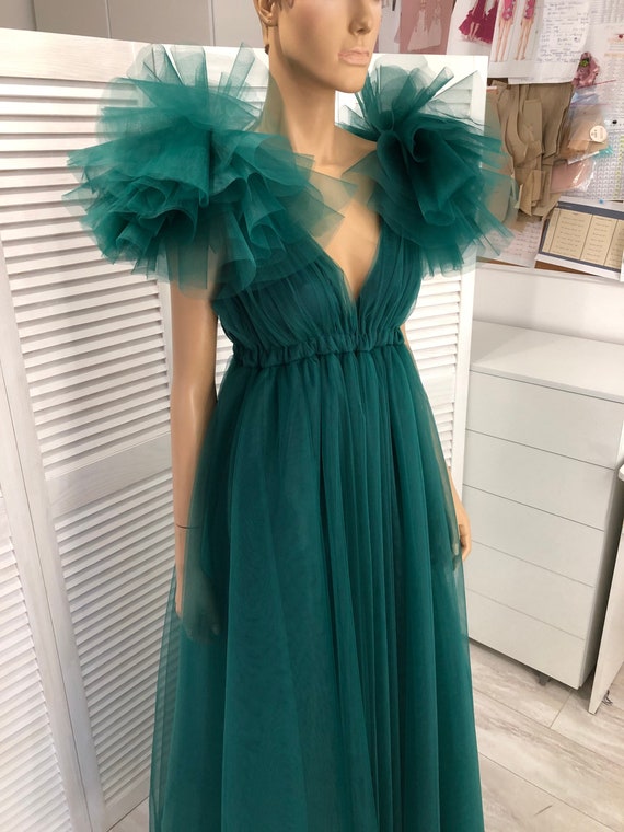 Green Tulle Maternity Dress: Ruffle Sleeve Gown, Photoshoot Dress