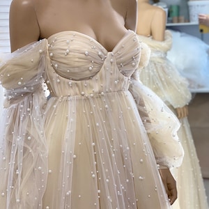 Pearl Wedding Dress Long Sleeves Off shoulders Dress Maternity Gown Blush Long Maternity Dress Floor Length Off White Pink Dress