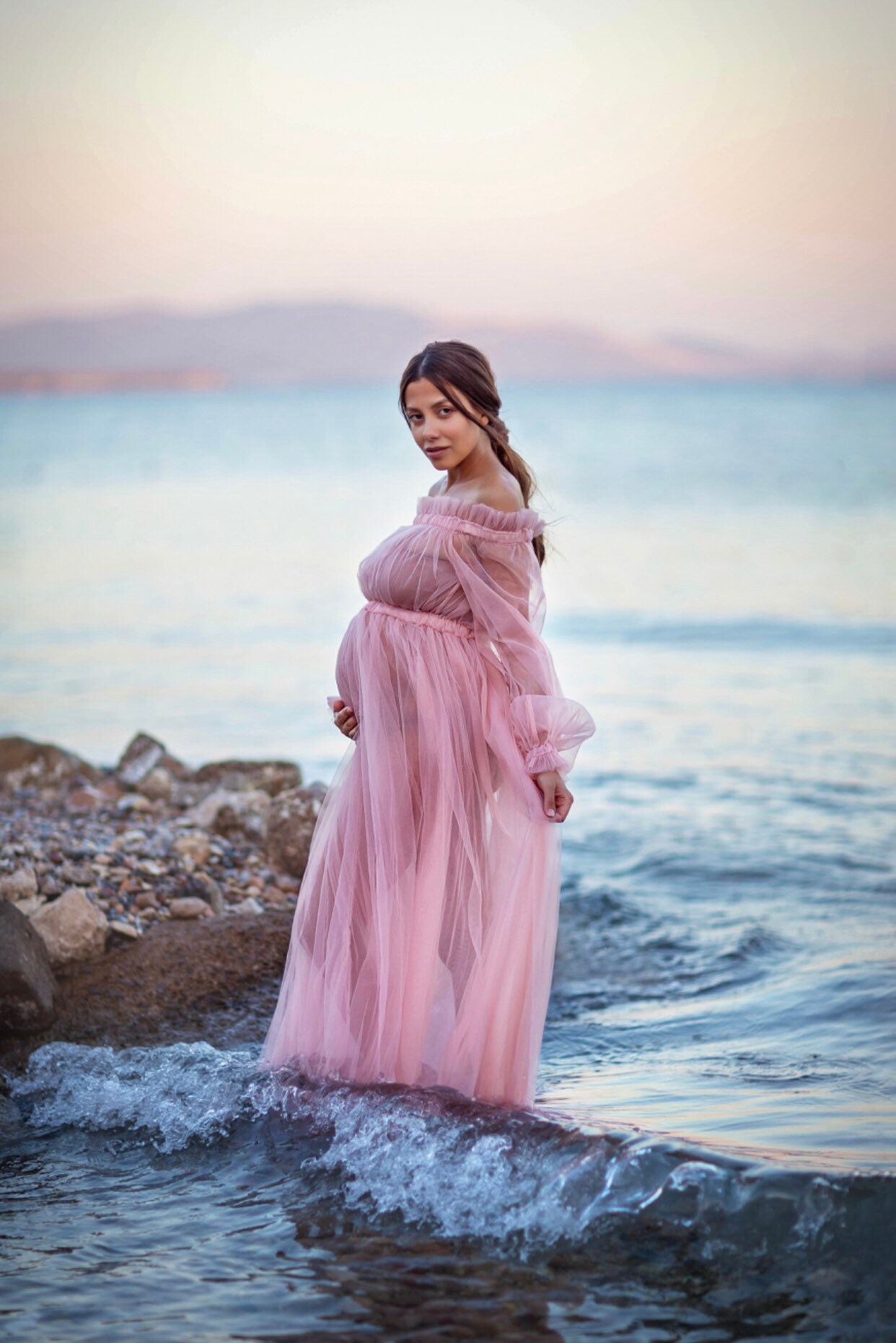 pink ruffle off the shoulder maternity dress Glampunch Womens Off Shoulder Maternity Dress Ruffles Elegant Slim Gowns  Fit Maxi Photography Dress A-Pink at Amazon Women's Clothing store