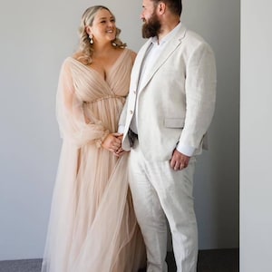 Plus Size Wedding Gown Rustic Wedding Dress Long Sleeves Beige Boho wedding dress Simple Wedding Dress Tulle Dress A-line Bridal Tulle Gown