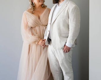 Plus Size Beige Tulle Wedding Dress: Long Sleeve Boho Bridal Gown