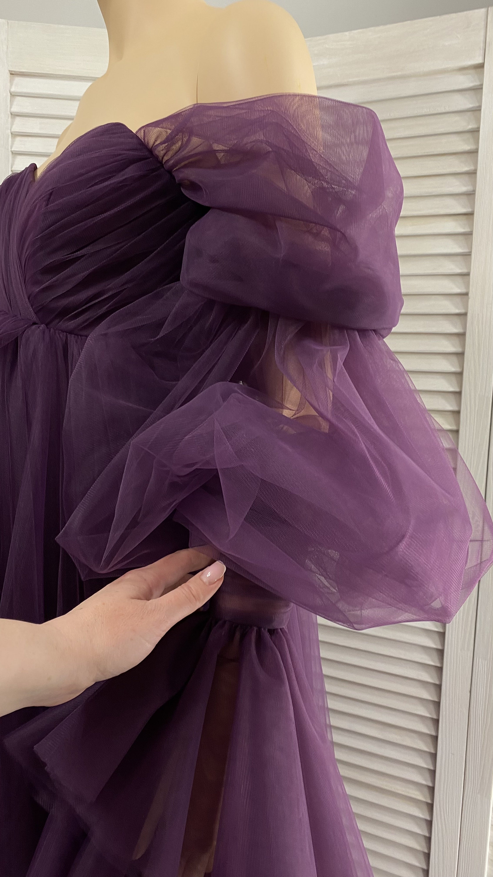 purple tulle maternity dress Momyknows Purple Grenadine Tulle Off Shoulder Ruffle Flare Sleeve Baby Shower Photoshoot Maternity Dress, Purple / S