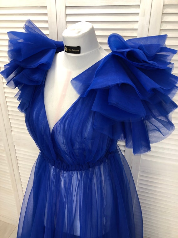 blue ruffle maternity dress Light Blue Smocked Front Ruffle Hem Maternity Dress Large