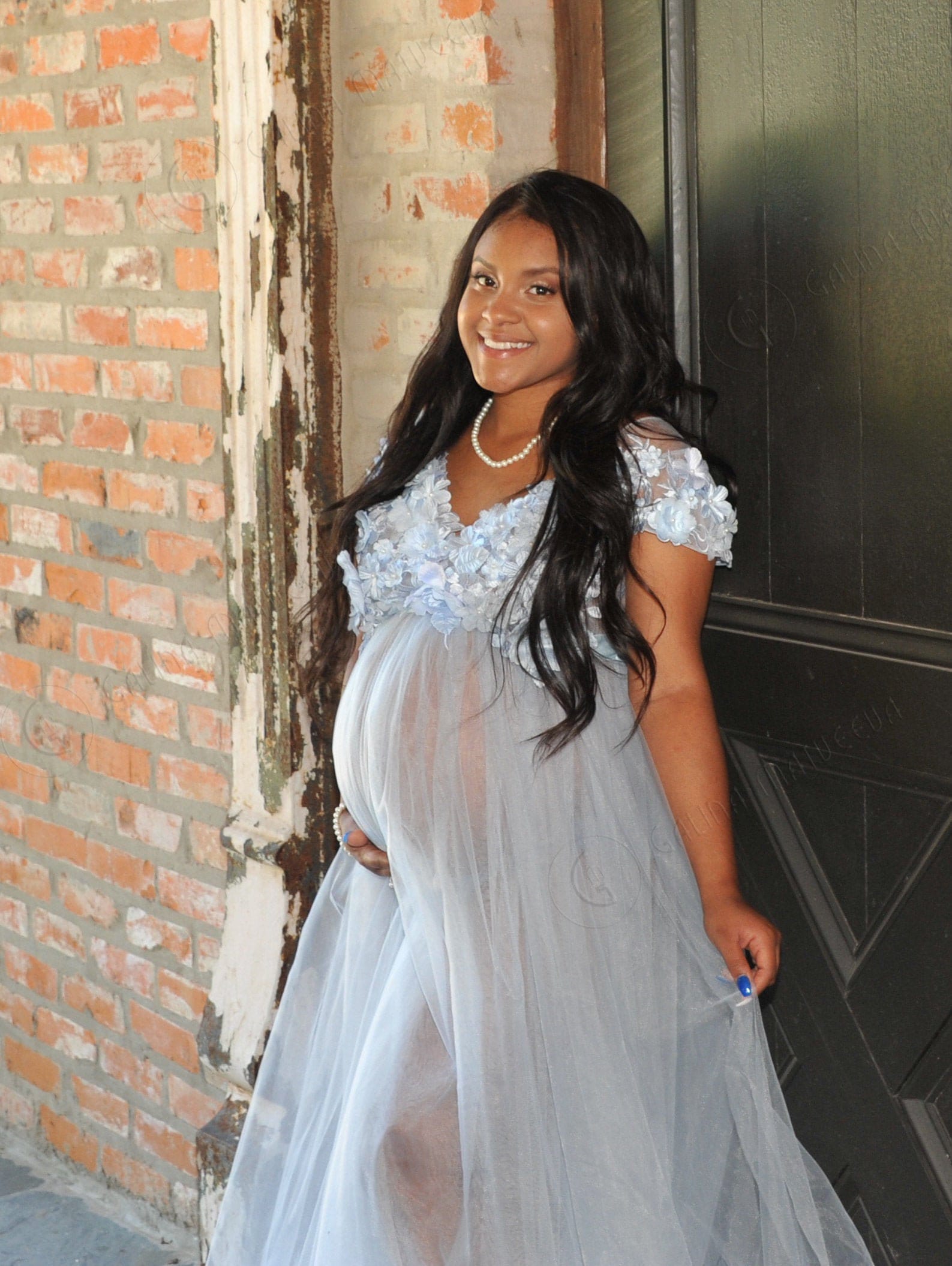 Dusty Blue Floral Maternity Gown: Photo Shoot Dress