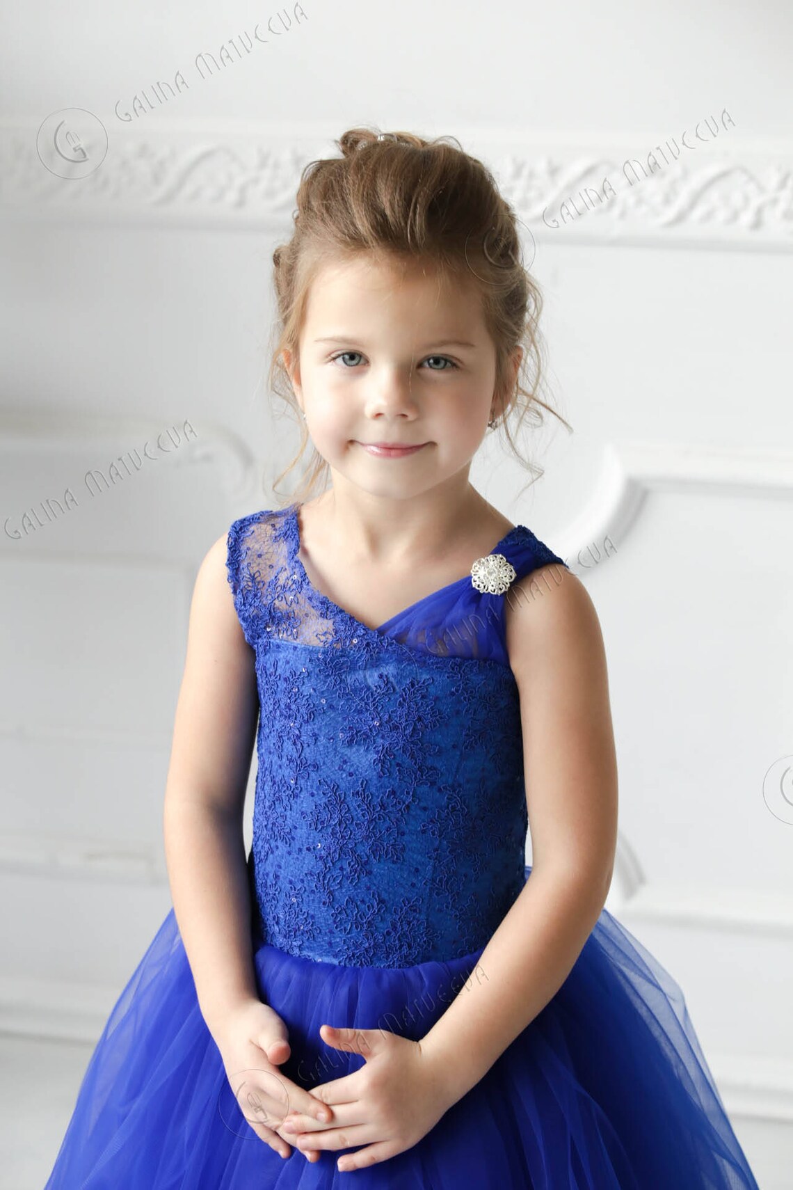 Dark Blue Flower Girl Dress with brooch Birthday Wedding Etsy