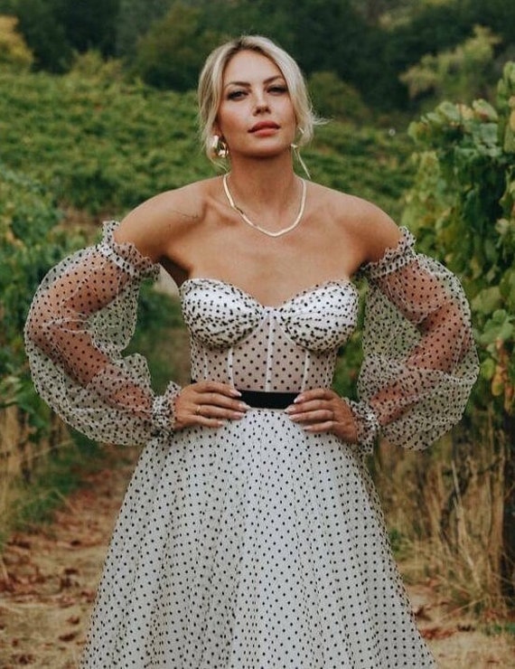 Off-Shoulder Polka Dot Tulle Dress: Long Sleeve Evening Gown
