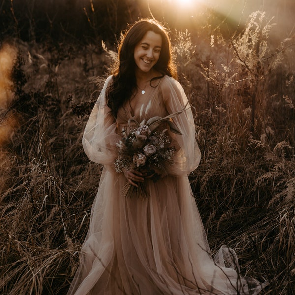 Rustic Wedding Dress with long sleeves Beige Wedding Boho wedding dress Simple Wedding Dress Tulle Dress A-line Bridal Tulle Gown