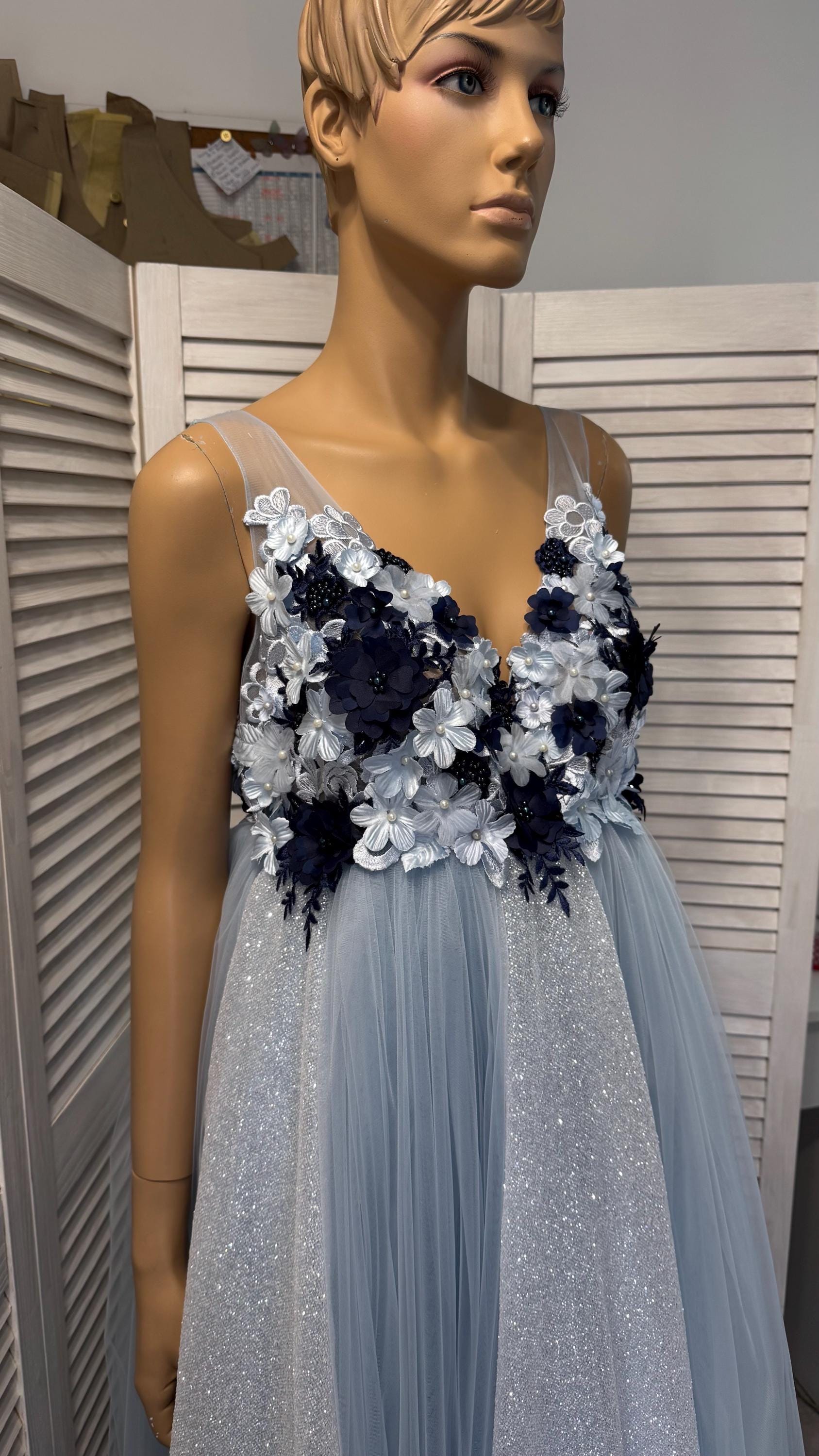 Dusty Blue Maternity Dress: Glitter Cape, Long Train, Photo Shoot Gown, Dark Blue flowers Dusty Blue Maternity Dress: Glitter Cape, Long Train, Photo Shoot Gown, Dark Blue flowers