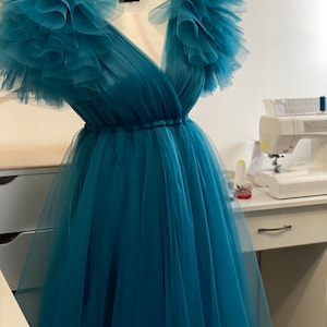 Teal Maternity Dress For Photo Shoot and Baby Shower Party Ink Maternity Gown With Sleeves, Long Tulle Maternity Dress, Floor Length Dress