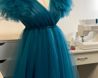 Teal Maternity Dress For Photo Shoot and Baby Shower Party Ink Maternity Gown With Sleeves, Long Tulle Maternity Dress, Floor Length Dress