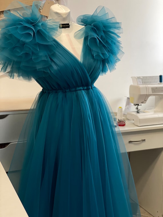 Plus Size Teal Tulle Maternity Dress: Ruffle Sleeve Gown, Baby Shower Photoshoot