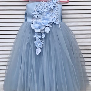 Dusty Blue Flower Girl Dress V-neckline with Big Bow on the Back, First birthday dress, Dusty Blue Flower Girl Dress, Dusty Blue Tutu Dress