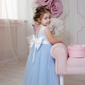 Dusty Blue Flower Girl Dress V-neckline Back Bow First Birthday Dress Sky Blue Tutu Dress Wedding party dress Bridesmaid Lace Girl Dress