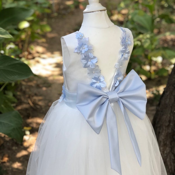 Flower Girl Dress V-neckline Back Bow Dusty Blue Flower Girl Dress Ivory Flower Girl Dress Bridesmaid Holiday Blush Tutu Dress