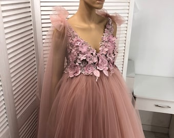 Blush Pink Maternity Dress: Floral Cape, Long Train, Photo Prop