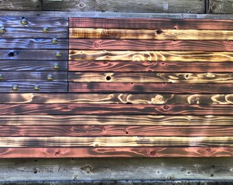 Wood Burned American Flag with Brass Stars