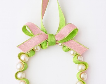Handmade Pearl Beaded Wreath Ornament • Pink & Green Sorority Gift