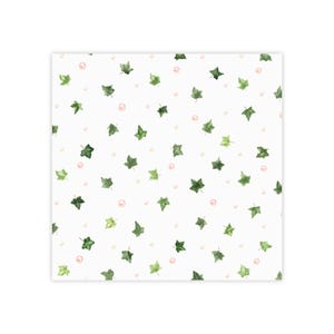 May include: A white surface featuring a repeating pattern of small, green ivy leaves and tiny, pale pink circular dots scattered throughout. The leaves are depicted in various shades of green, creating a botanical motif across the entire area.